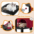 DUMOS Small 44 Inch Cat Tree Tower, Cat Climbing Tower with Natural Sisal Scratching Posts, Hammock, Pet Condo for Indoor Cats and Kittens Play, Black and Red