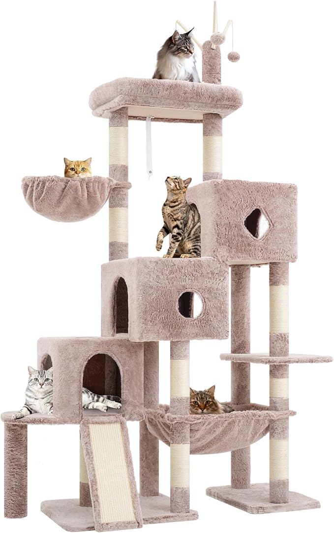 Hey-brother Cat Tree Tower, Scratching Posts with 3 Condos, Large Basket, Cozy Bed, Sisal Board, Step-by-Step Climbing Pathway and Toys, 74.8 inches Furniture for Big Indoor Cats, Muchroom MPJ081MU