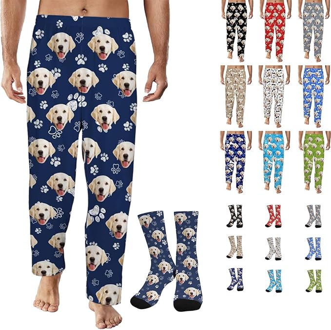 Artsadd Personalized Christmas Pajama Pants Socks for Men Custom Photo Pajama Bottoms for Men S-XXL