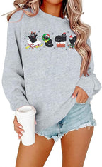 FRYAID Cat Sweatshirt Women Funny Black Cat Graphic Sweater Casual Cat Crewneck Holiday Long Sleeve Hoodie Pullover Top