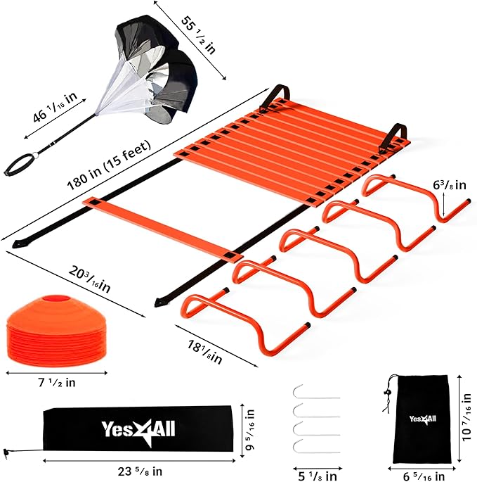 Yes4All Agility Ladder Speed Training Equipment Set - 1 Adjustable Agility Ladder, 12 Soccer Cones, 5 Hurdles, Jump Rope, Running Parachute - Speed & Agility Training Equipment for All Ages
