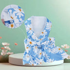 Dog Dress Bowknot Harness Leash Set for Small Girl Dogs Blue Daisy Floral Dog Cat Clothes Cute Puppy Outfits Pet Clothes Spring Summer Breathable Dresses(Large)