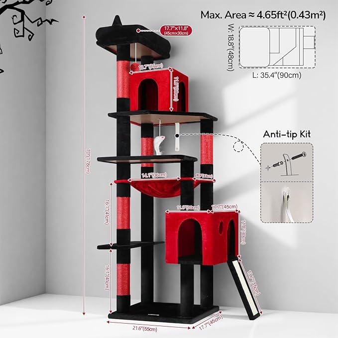 Globlazer Gothic Heavy Duty Cat Tree, 70in Tall Sturdy Goth Cat Tree for Indoor Cats Extra Large Cat Tower with Scratching Post, Cat Condos for Adult Cats Kittens, Hammock, Perch, F70 Pro, Red Black