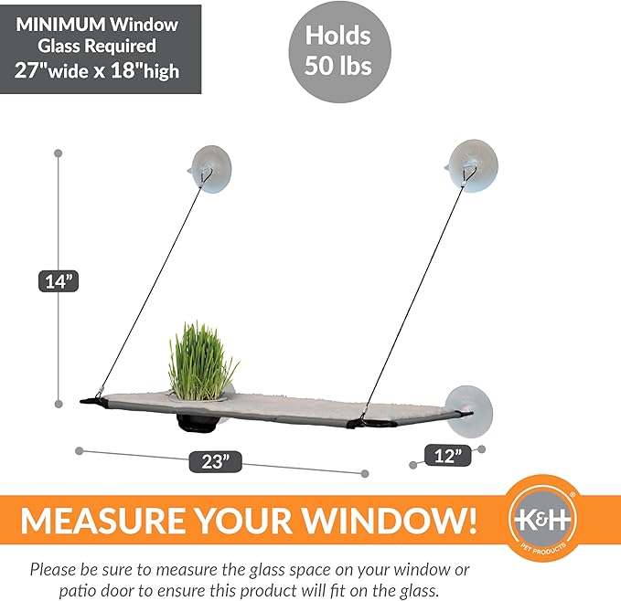 K&H Pet Products Window Lounger with Oat Grass, Cat Window Perch for Large Cats, Farmed in USA, Non-GMO Grass Kit, Sturdy Kitty Sill Window Hammock Bed, Steel Frame, Sturdy Suction Cups - 23 X 12in