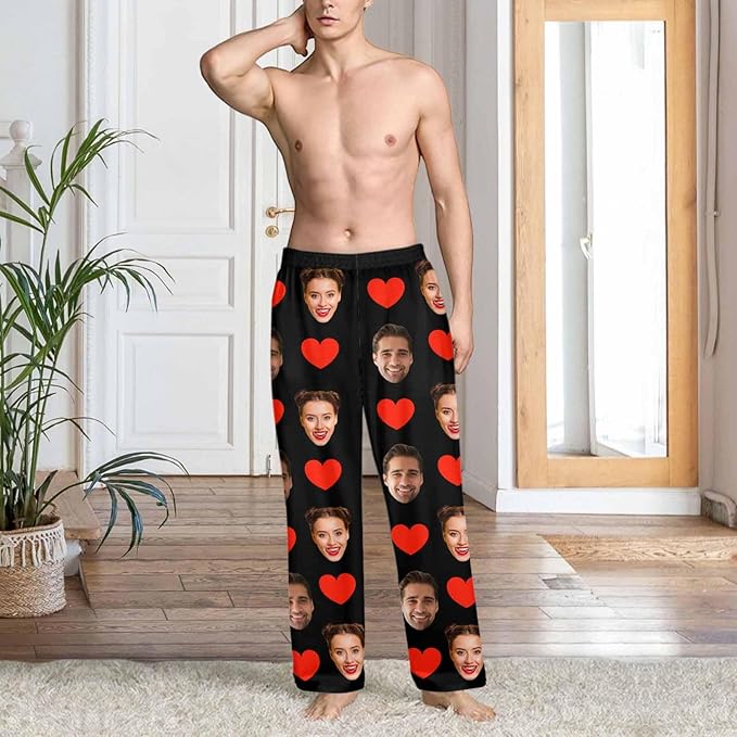 Custom Couple Pajama Pants Sock with Funny Face, Personalized PJ Anniversary Birthday Women Men Pants