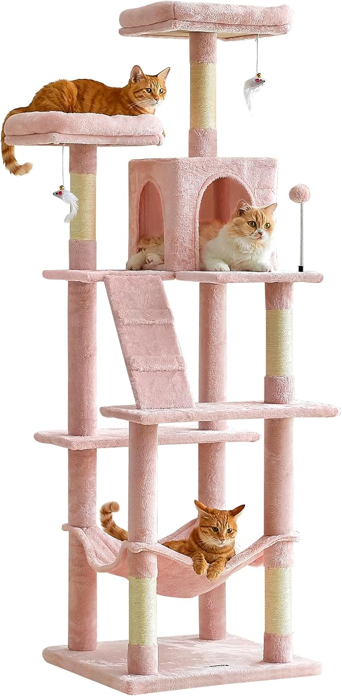 MWPO 70.1-Inch Pink Large Cat Tree, Multi-Level Tall Cat Tower for Indoor Cats, Plush Cat Condo with Big Padded Perches, Sisal-Covered Scratching Posts, Hammock, Toys for Kittens & Cats