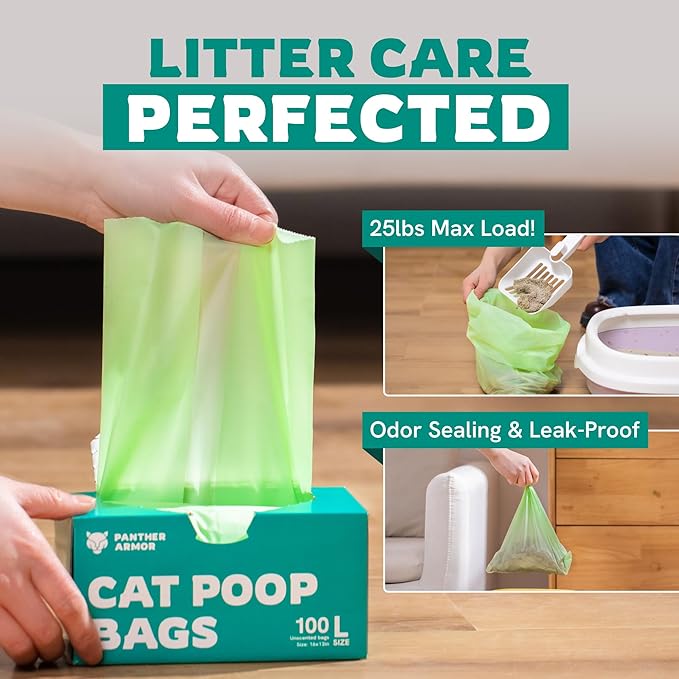 Panther Armor Cat Litter Bags, 100 Large Compostable Unscented Poop Bags -16x12in Super Large Kitty - Leak Proof Box Trash - Odor Proof Cat Disposal
