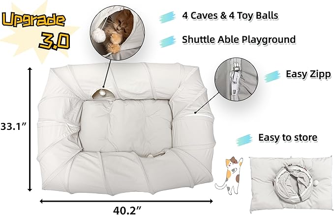 XxingSheep 4 Ways Shuttled XL Cat Tunnel Bed for Indoor Cats Peekaboo Cat Cave Donut with Cool Mat