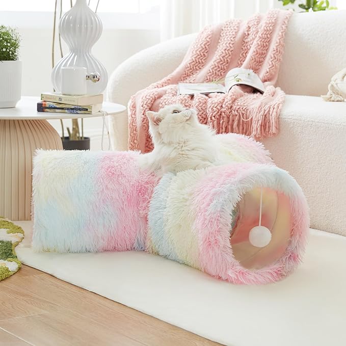 Tempcore Plush Pet Cat Tunnel Tube Cat Toys 3 Way Collapsible, Tunnels for Indoor Cats，Kitty Tunnel Bored Pet Toys Peek Hole Ball Puppy, Kitty, Kitten, Rabbit Rainbow