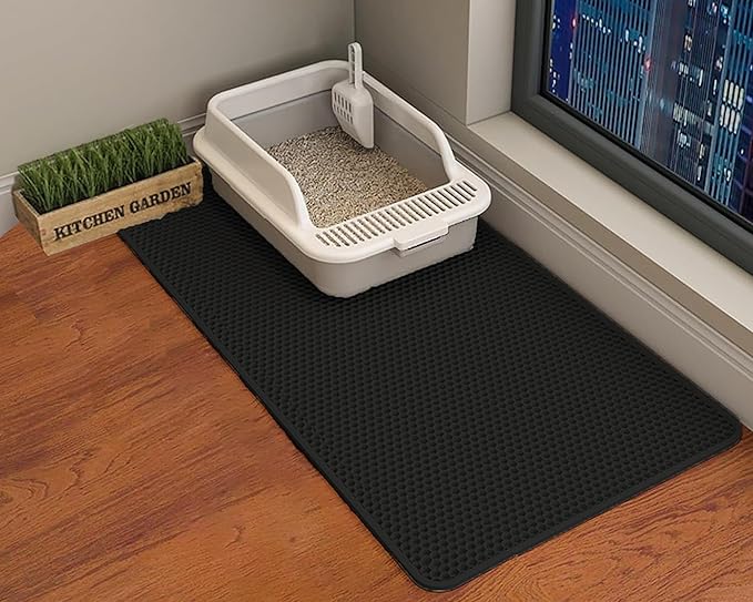 HCY&WLD Cat Litter Mat, 45x26 Inch Extra Large&Long Double Layer Cat Litter Box Mat, EVA Non-Slip, Waterproof Urine Proof Cat Litter Catcher Mat, Easy Clean Scatter Control (45x26 Inch, Black)