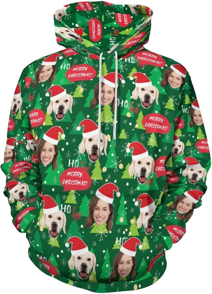 Artsadd Custom Face Unisex athletic Pockets Sweatshirt Loose Hoodie Custom Christmas Long Sleeve Sweatshirt Hooded Pullover