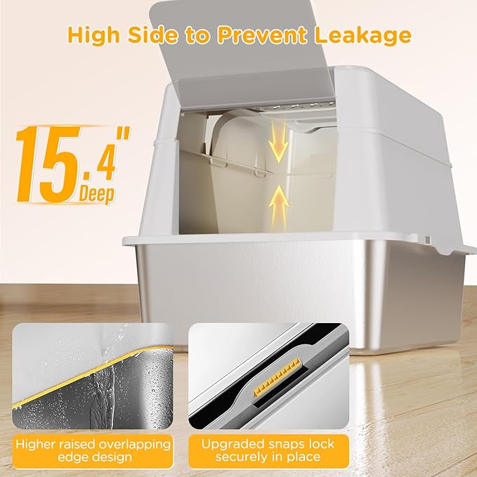Stainless Steel Litter Box with Lid, XL Closed Metal Litter Box Modular Design with Flip Lid Fits All Cats, Extra Large Covered High Sided Cat Box, Scoop, Non-Sticky, Easy Cleaning (White)