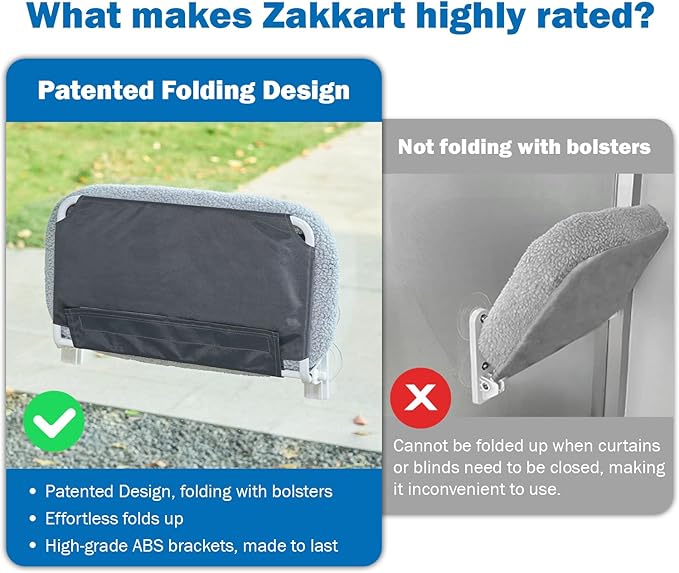 Zakkart Foldable Cat Hammock for Window - Cordless, Embeded Machine Washable Bed, Robust Metal Frame - Cat Window Perch for Large Cats and Kittens (Gray Bolster Bed, Large)
