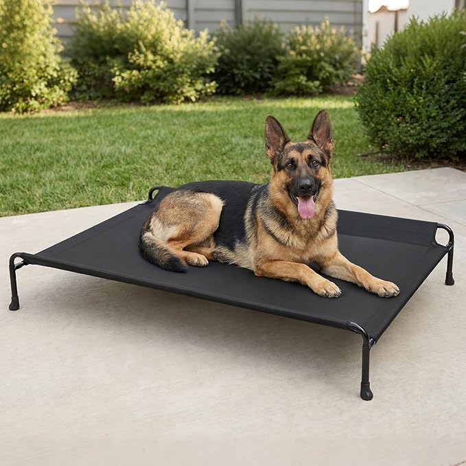 Veehoo Outdoor Elevated Dog Bed, Extra Large Raised Dog Bed with Headrest Sides, Washable Cooling Dog Cot with Non-Skid Feet, Breathable Mesh, Pet Hammock for Indoor or Camping, 47", Black