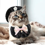 HOWWFALY 2PCS Cat Beret Hat with Small Camellia, Adjustable Satin Bowtie Bandana Scarf Set Pet Princess Costume for Halloween Christmas, Cat Dog Birthday Party Apparel(Black Bow)