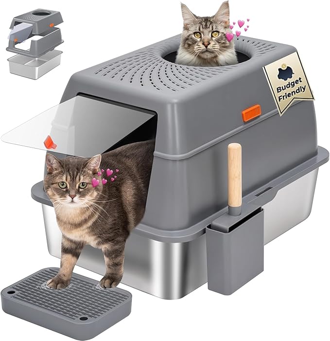 Stainless Steel Litter Box with Lid, SUS304 Metal Cat Litter Boxes, Enclosed Extra Large Kitty LitterBox High Wall, Jumbo Cat Toilet with Triple Pedal, Non-Sticky, Anti-Leakage (XL Grey)