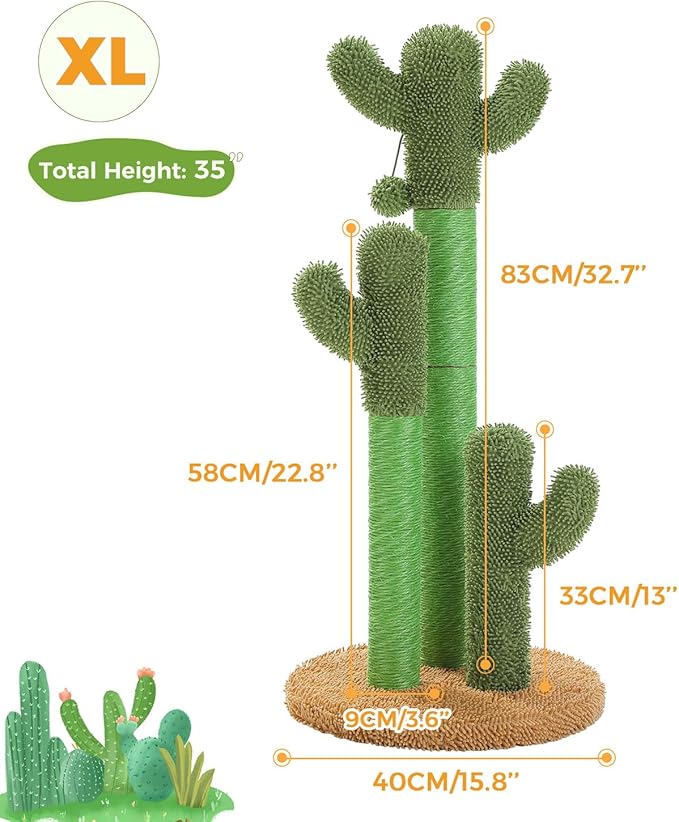 PAWZ Road Cat Scratching Post Cactus Cat Scratcher Featuring with 3 Scratching Poles and Interactive Dangling Ball - 35 Inches