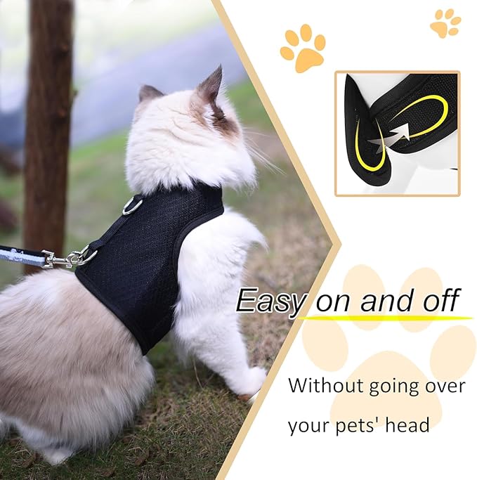 Cat Harness and Leash for Walking Escape Proof Breathable Mesh Fabric, Solid Black, Medium, Adjustable Cat Walking Jackets, Padded Stylish Cat Vest