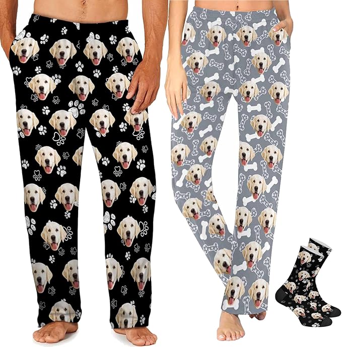 MyPupSocks Custom Pajama Pants for Pet Lover, Personalized Photo Face Printed Pajama Bottoms Sleepwear with Pockets