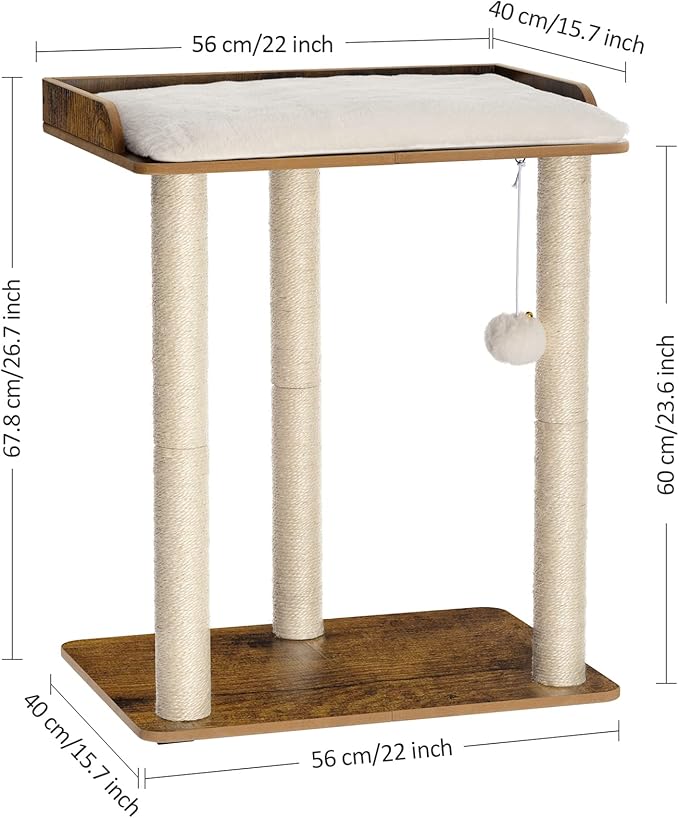 FourFurPets 26.7in Large Cat Tree Tower Condo, Cat Scratch Posts for Indoor Cats, Big Plate, Three 23.6in Full Sisal Scratching Posts, Rustic Brown