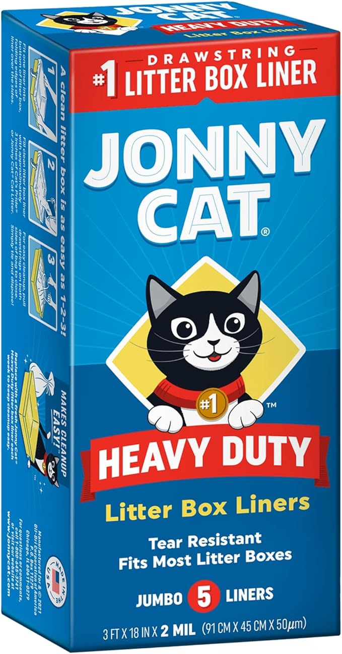Jonny Cat Litter Box Liners: Heavy Duty - Tear & Leak Resistant - Drawstring Close - Jumbo, 5 Count