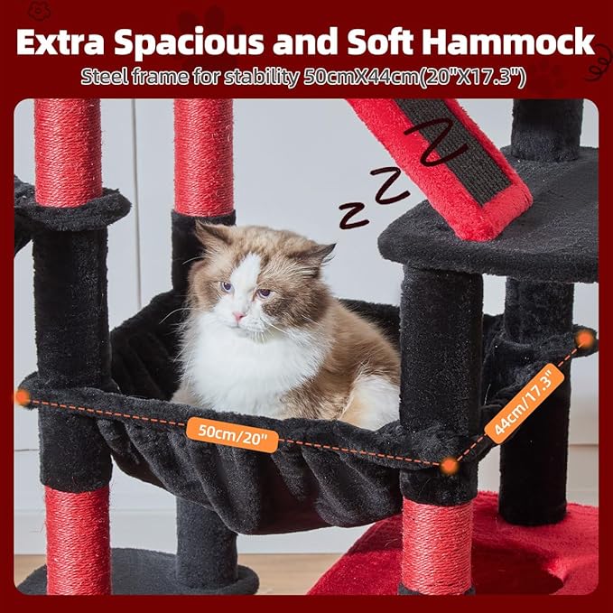 Taoqimiao Gothic Cat Tree 71-Inch, Cat Tower for Indoor Cats Large Adult, Multi-Level Large Cat Condo, 8 Sisal Scratching Posts, Metal Frame Cozy Hammock, Scratch Board, 2 Top Perches, MS026LBR