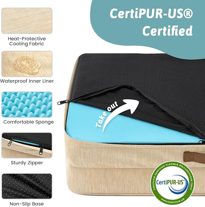 Cooling Dog Bed for Large Medium Size Dogs, Q-Max >0.4 Summer Cool Orthopedic Foam Pet Sofa Bed with Sides, Bolster Anti-Slip Couch with Washable Removable Cover, L 36x27x6.5 inch, Beige