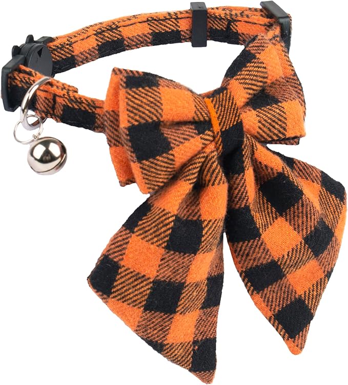 ADOGGYGO Halloween Cat Collars with Removable Bow Bell, 2 Pack Orange Purple Plaid Halloween Bowtie Collar for Cats Kittens