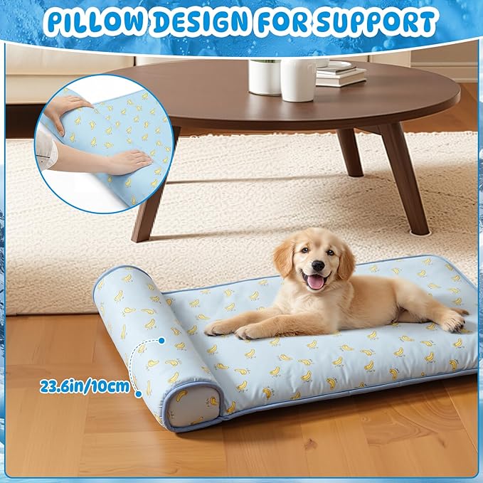 4 Pack Cooling Dog Mats with Supportive Pillow 23.6" x 31.5" Self Cooling Dog Pads Ice Silk Washable Pet Cool Mat Summer Cat Sleeping Pad with Storage Bag for Crate Bed Floor (Large, Blue)