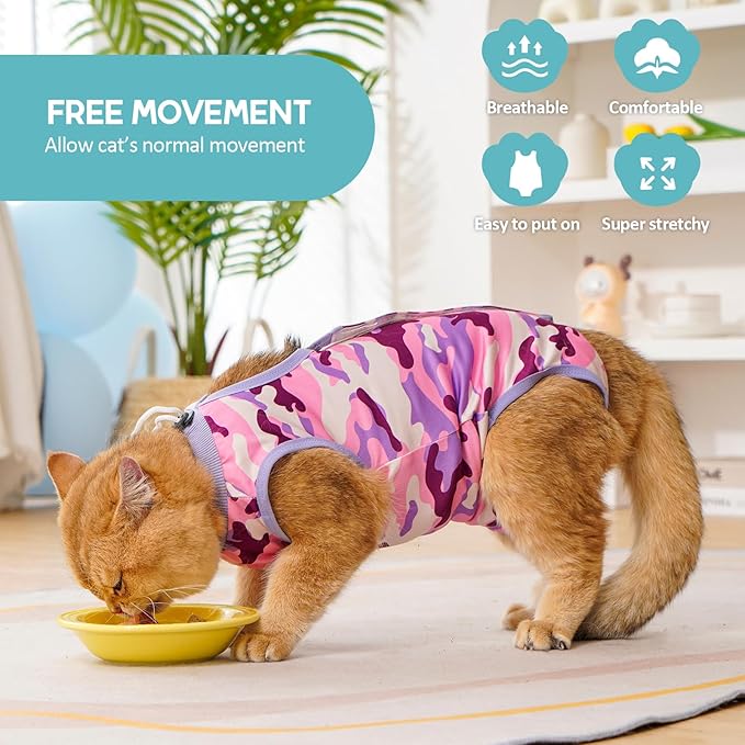 Avont Cat Recovery Suit - Kitten Onesie for Cats After Surgery, Cone of Shame Alternative Surgical Spay Suit for Female Cat, Post-Surgery or Skin Diseases Protection -Purplecamo(S)