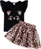 Girls Skirt Set 2 Piece Outfit Toddler Summer Clothes Ruffle Sleeve T-Shirt Bow Knot Tutu Skirt Outfit Set