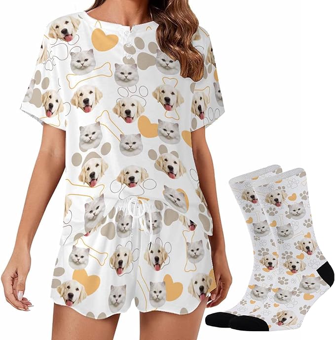 Custom Short Pajamas Set with Face Photo Women‘s Sleepwear Tee Personalized PJ Short Loungewear Set fot Her