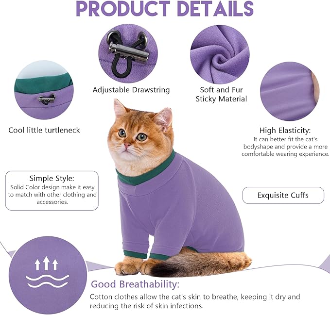 Sticky Cat Clothes Stretchy, Sphynx Hairless Sweater & Pajamas for Cats only, Soft Cat Onesie for Cats After Surgery Female Male & Hair Loss Prevention, Purple L