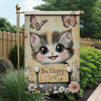 Be Happy Cat Garden Flag 12x18 Inch Double Sided Outdoor Yard Banner Cute Kitten with Butterflies and Flowers for Spring Summer Patio Porch Lawn Home Decoration