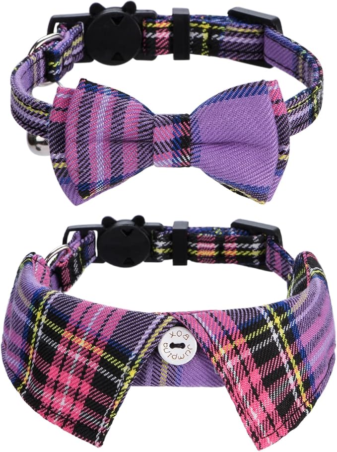 Faleela 2 Pack/Set Cat Collar with Cute Bow Tie and Bell,Breakaway Plaid Shirt Collar for Kitty Adjustable Safety