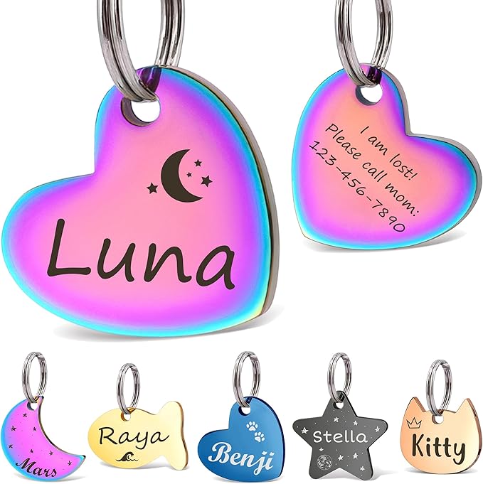 Anavia Small Size Dog Cat ID Tags, Small/XS Personalized Color Plated Stainless Steel Puppy Kitten Name Tags, Customized Engraved Nameplate Pet Collar Tag (Rainbow, Heart)