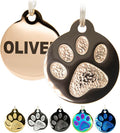 Engraved Pet Tag for Dogs and Cats - Personalized Front & Back up to 4 Lines of Text Custom Engraved ID, Round Paw Print Solid Plating Stainless Steel Rose Gold Small