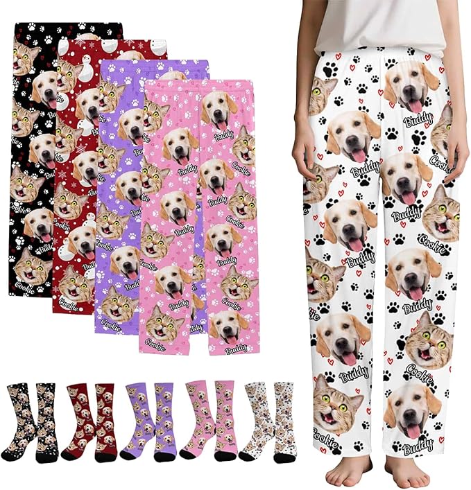 Custom Couple Pajama Pants Sock with Funny Face, Personalized PJ Anniversary Birthday Women Men Pants