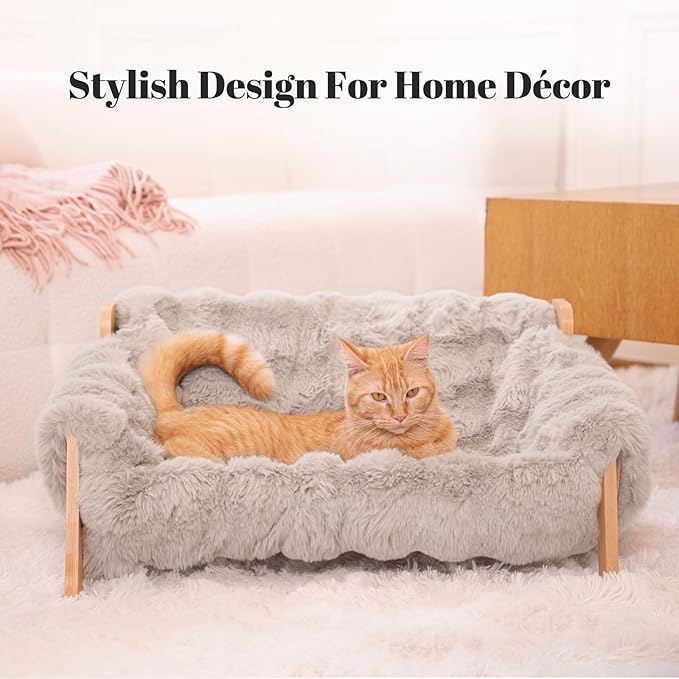 CHEERHOME PETS Elevated Cat Couch Bed for Indoor Cats, Wooden Cat Sofa with Removable Washable Fluffy Cover Raised Kitty Lounge Chair Suitable for Puppy(Cat Sofa,Khaki-Light Gray)