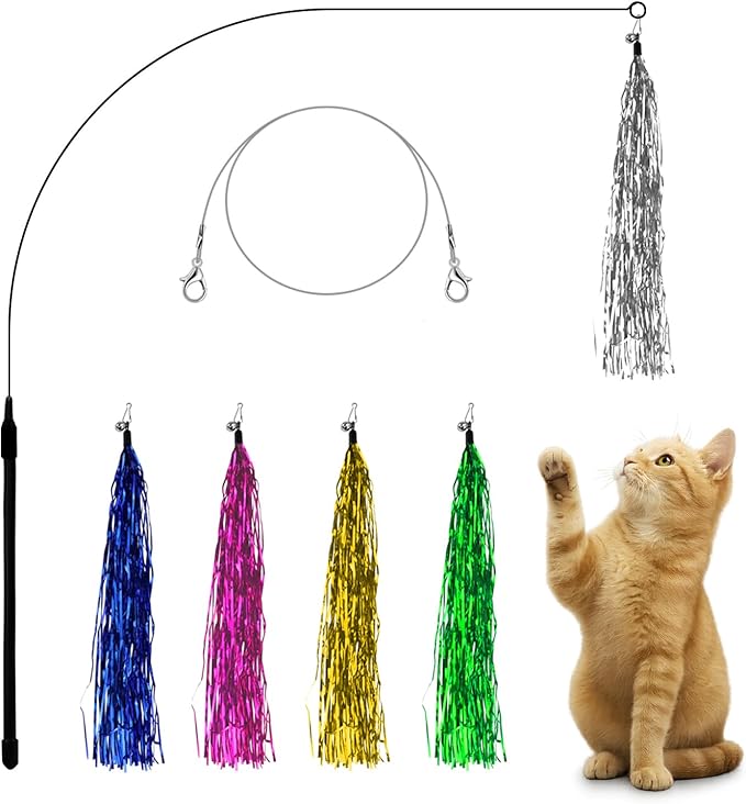 Andiker 7Pcs Cat Wand Toy, Cat Toy Set with 1 Long Steel Wand, 1 Double Headed Hook & 5 Crinkle Teaser Refills Stimulate Hunting Instincts Interactive Cat Toys for Indoor Cats and Kittens (Thin)