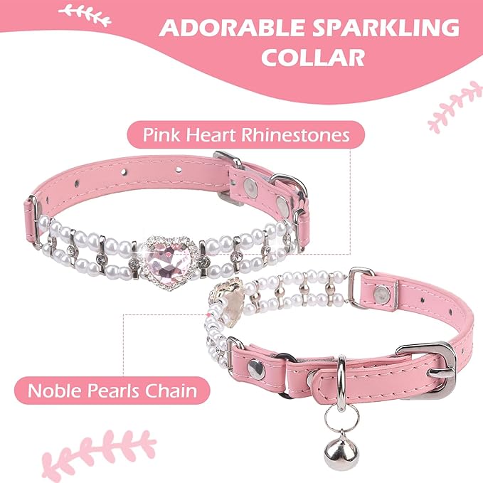 EXPAWLORER Cat Collar Leather with Bell and Safety Elastic Belt,Personalized Rhinestones Bling Adjustable Collars for Cats Kitty and Small Dogs,Pearl cat Collar Pink (Pearl)