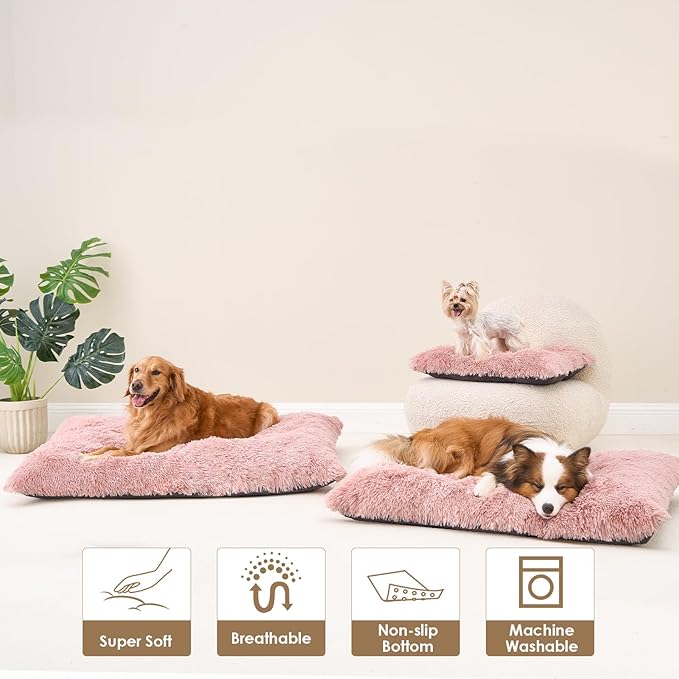EHEYCIGA Fluffy Dog Crate Bed for Extra Large Dogs, Plush Faux Fur Crate Pad, Calming Anti Anxiety XL Dog Bed, Washable Soft Warm Crate Mat with Non-Slip Bottom, Pink