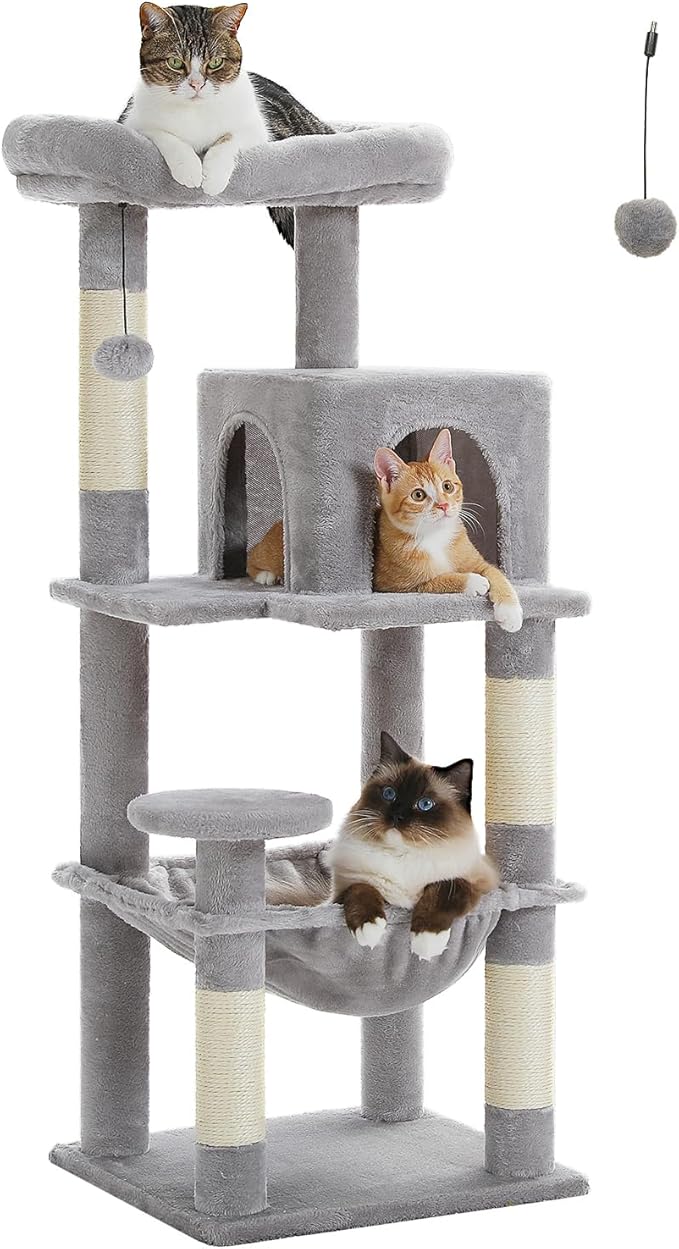 Cat Tree for Indoor Cats, 45.7" Multi-Level Cat Tower with Large Metal Frame Hammock, Cat Condo with 4 Scratching Posts and Top Perch for Small Medium Kitty, Grey