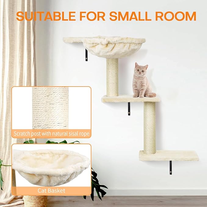 Cat Wall Shelves, Multi-Level Cat Climbing Furniture, Space-Saving Wall-Mounted Cat Climber Set with Perches,Bridge,Hammock,Scratching Board & Ball for Indoor Cat Play (Dark Grey)