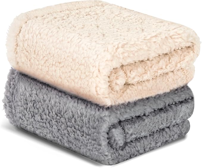 Cat Blanket for Small Dogs Puppy Cat Kitten, 16" x 24" Soft Warm Sherpa Fleece Cat Blanket Washable, Grey/Beige Pack 2
