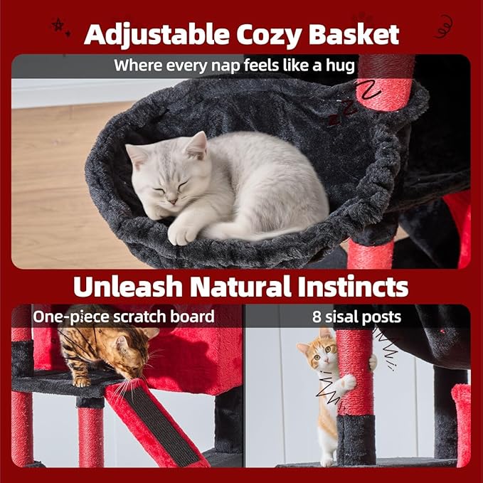 Taoqimiao Gothic Cat Tree 71-Inch, Cat Tower for Indoor Cats Large Adult, Multi-Level Large Cat Condo, 8 Sisal Scratching Posts, Metal Frame Cozy Hammock, Scratch Board, 2 Top Perches, MS026LBR