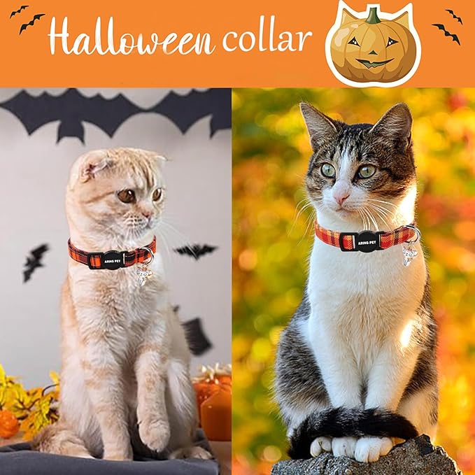 ARING PET 2 Pack Fall Cat Collars-Cute Breakaway Cat Collar with Bell & Pendant, Adjustable Halloween Plaid Kitten Collars with Safety Buckle for Girl and Boy Cats