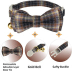 2 Pack Soft Cotton Cat Collars with Bowtie and Bell Breakaway Plaid Cat Kitten Collar(Ocean Blue and Mocha Tweed)