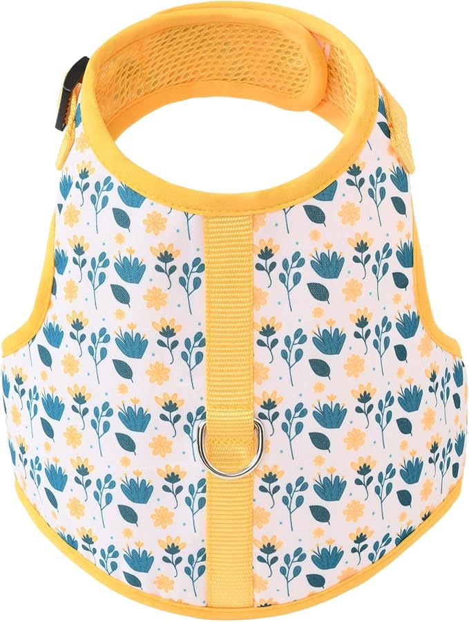 Mile High Life Dog Harness, Air Mesh Floral Vest Harness for 20 lbs Small Dogs & Cats, Easy Get on Adjustable Easy Closures Both Neck and Chest(Yellow Flower, M Chest 18"-20")