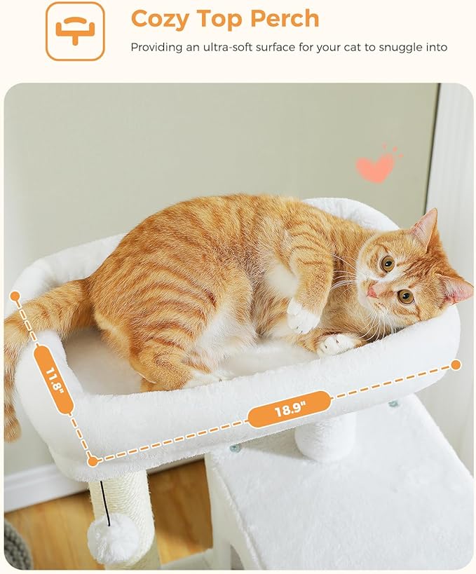 White Cat Tree for Indoor Cats, 45.7" Multi-Level Cat Tower with Large Metal Frame Hammock, Cat Condo with 4 Scratching Posts and Top Perch, White